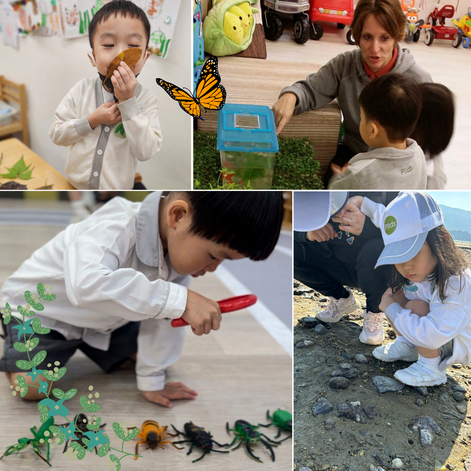 Collage of children interacting with nature and educational toys.